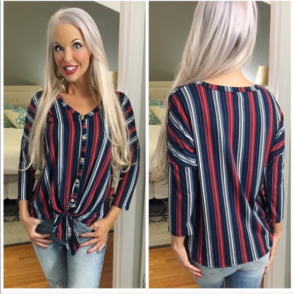 Tops - ❤️LAST 1! Tie Front Striped V Neck Blouse
